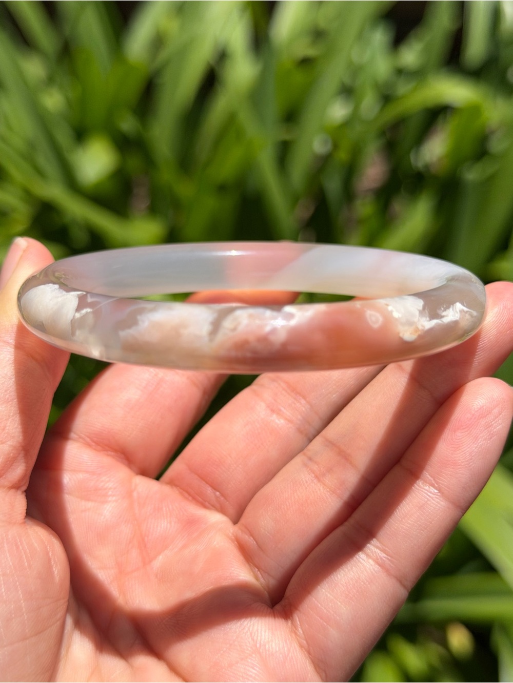 61mm‎ inner diameter skinny pink flower agate bangle 1591